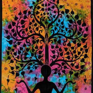 Yoga Man Tree Multi Colour 150cm x 215cm Bedspread Single-Throw Curtain Wall Hanging Hand Printed