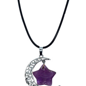 Amethyst Star on Crescent Moon Necklace, Wax Cord