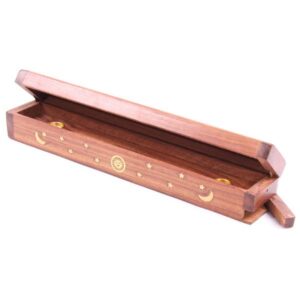 Sheesham Wood Ashcatcher Incense Sticks & Cones Burner Box with Brass Inlay, Sun, Moon & Stars