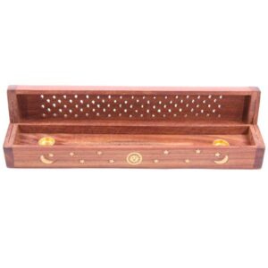 Sheesham Wood Ashcatcher Incense Sticks & Cones Burner Box with Brass Inlay, Sun, Moon & Stars